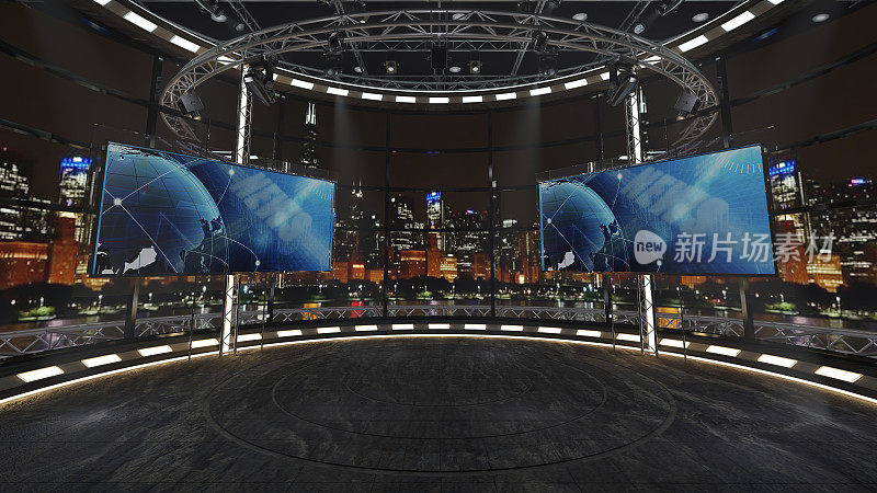 虚拟电视演播室新闻集绿屏背景。3 d渲染。